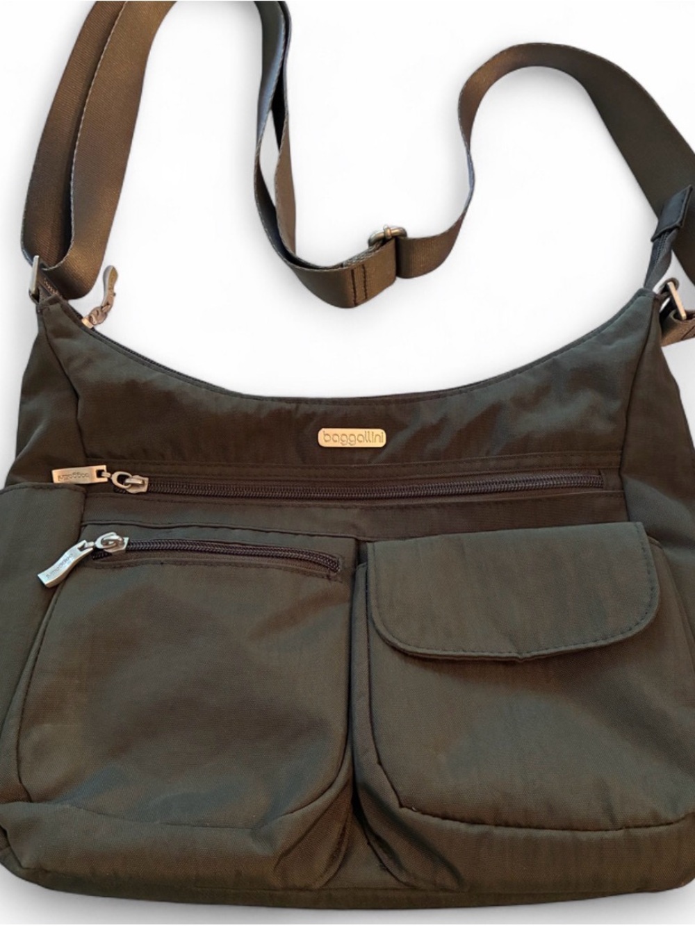 Baggallini Grey Crossbody with Silver Hardware and Purple interior